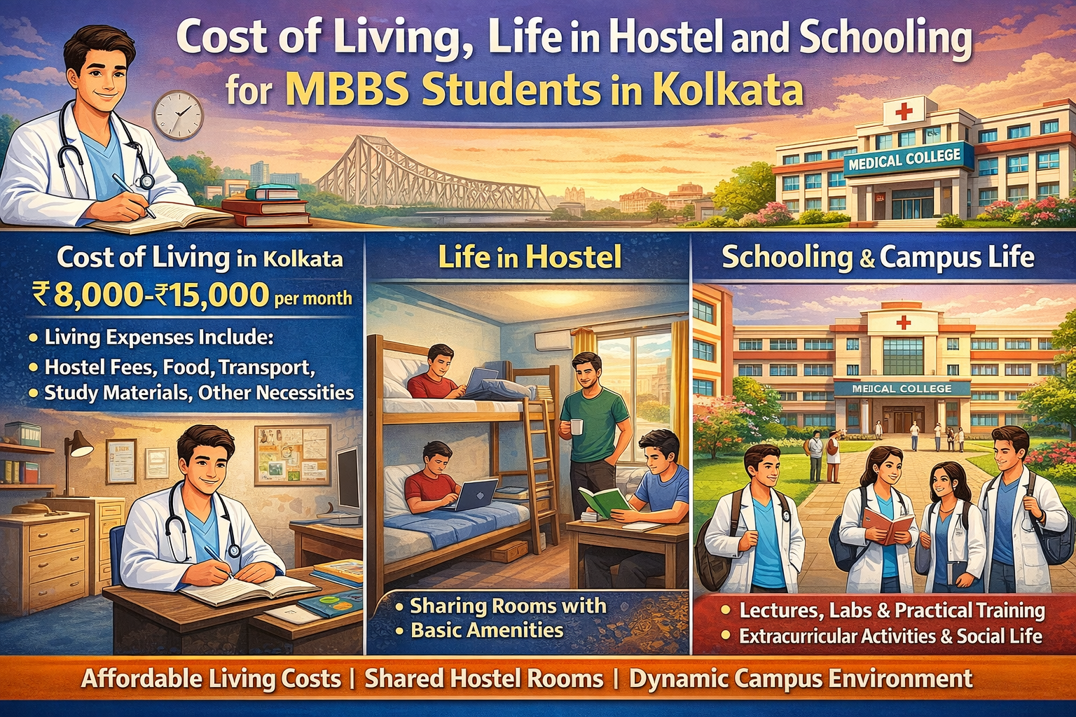 Cost of living, Life in Hostel and Schooling for MBBS Students in Kolkata